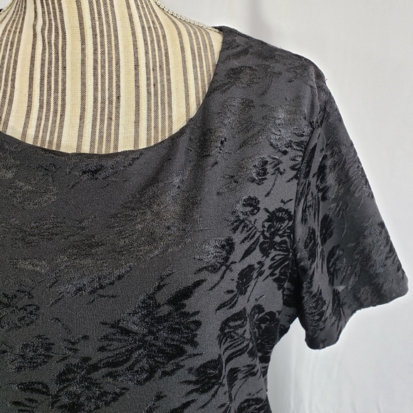 Kathie Lee 2 Piece Look Black Floral Flocked Top Short Sleeve Dress Size Large - Picture 3 of 9